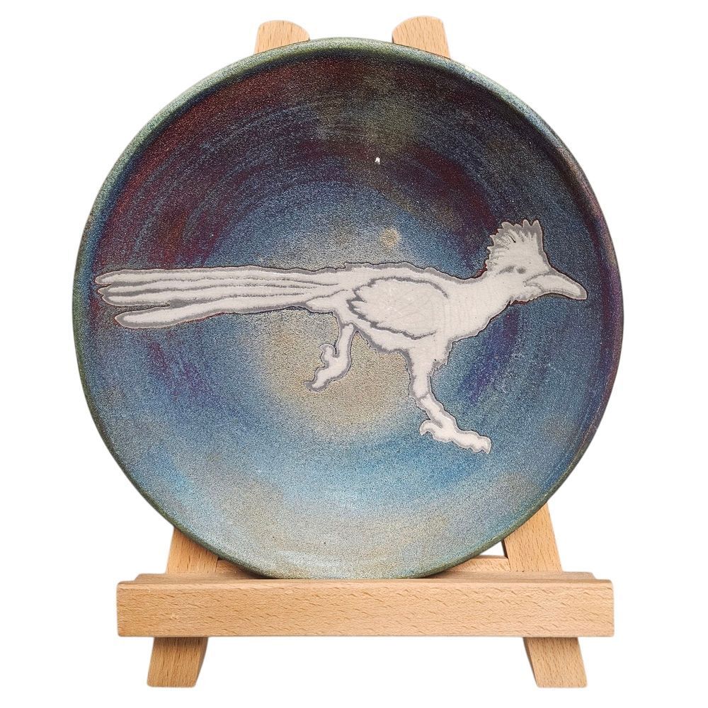 Raku Pottery Hand Crafted Ceramic Plate Bird - Signed by J. Diller - 8 in